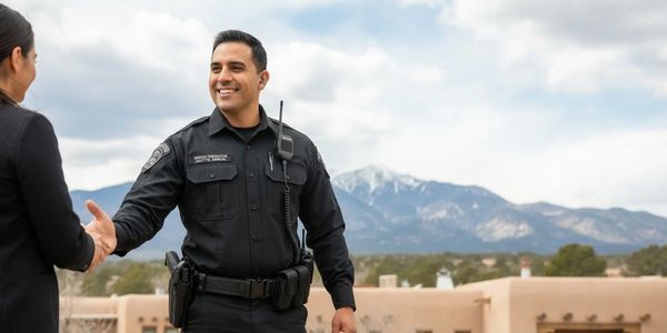 Police officer warmly shaking hands outdoors with mountains in background.