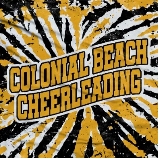 Bold text reading 'Colonial Beach Cheerleading' on a dynamic black, white, and yellow background.