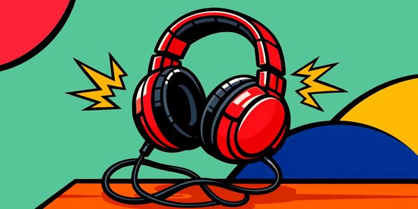 Vibrant red headphones emitting sound waves on a colorful background.