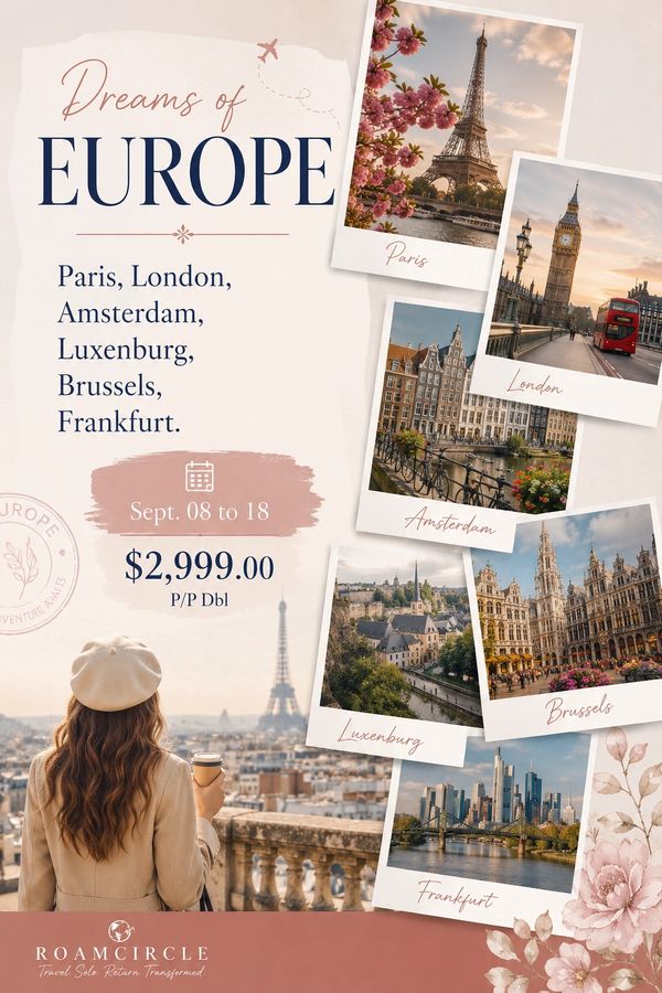Women's solo travel package Europe 10 days - London Amsterdam Brussels Luxembourg - RoamCircle