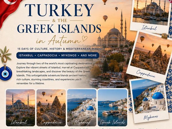 Travel through Turkey and the Greek Islands in autumn with cultural tours, stunning landscapes, and Mediterranean magic.