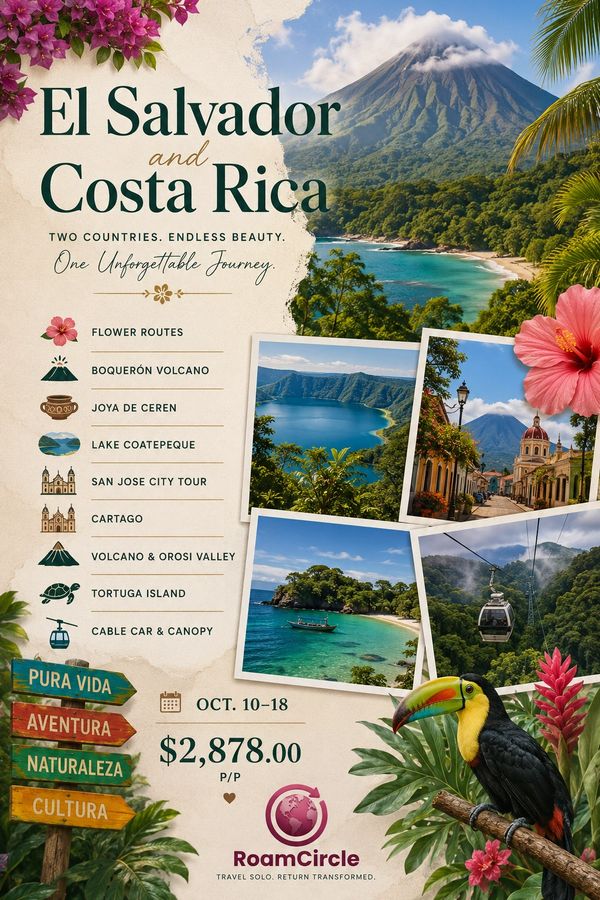 Women's solo travel package El Salvador and Costa Rica 9 days - volcano hiking flower routes Tortuga