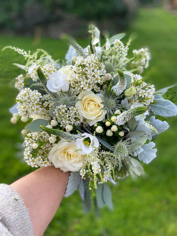 A hand holding a bouquet of white flowers