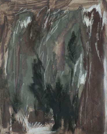 Abstract painting with dark, earthy tones and dynamic brushstrokes.
