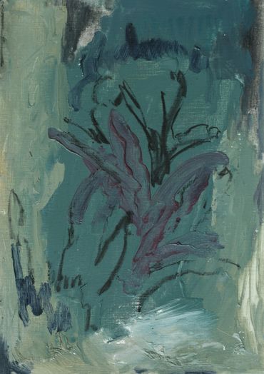 Abstract painting with dark teal and purple brushstrokes on muted green background.