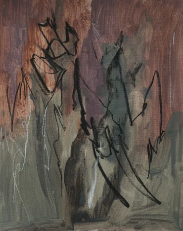 Abstract painting with dark, earthy tones and dynamic black strokes.