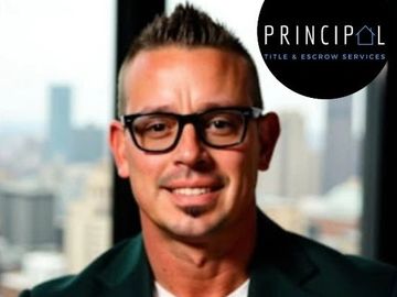 Professional man in glasses with city background and company logo.