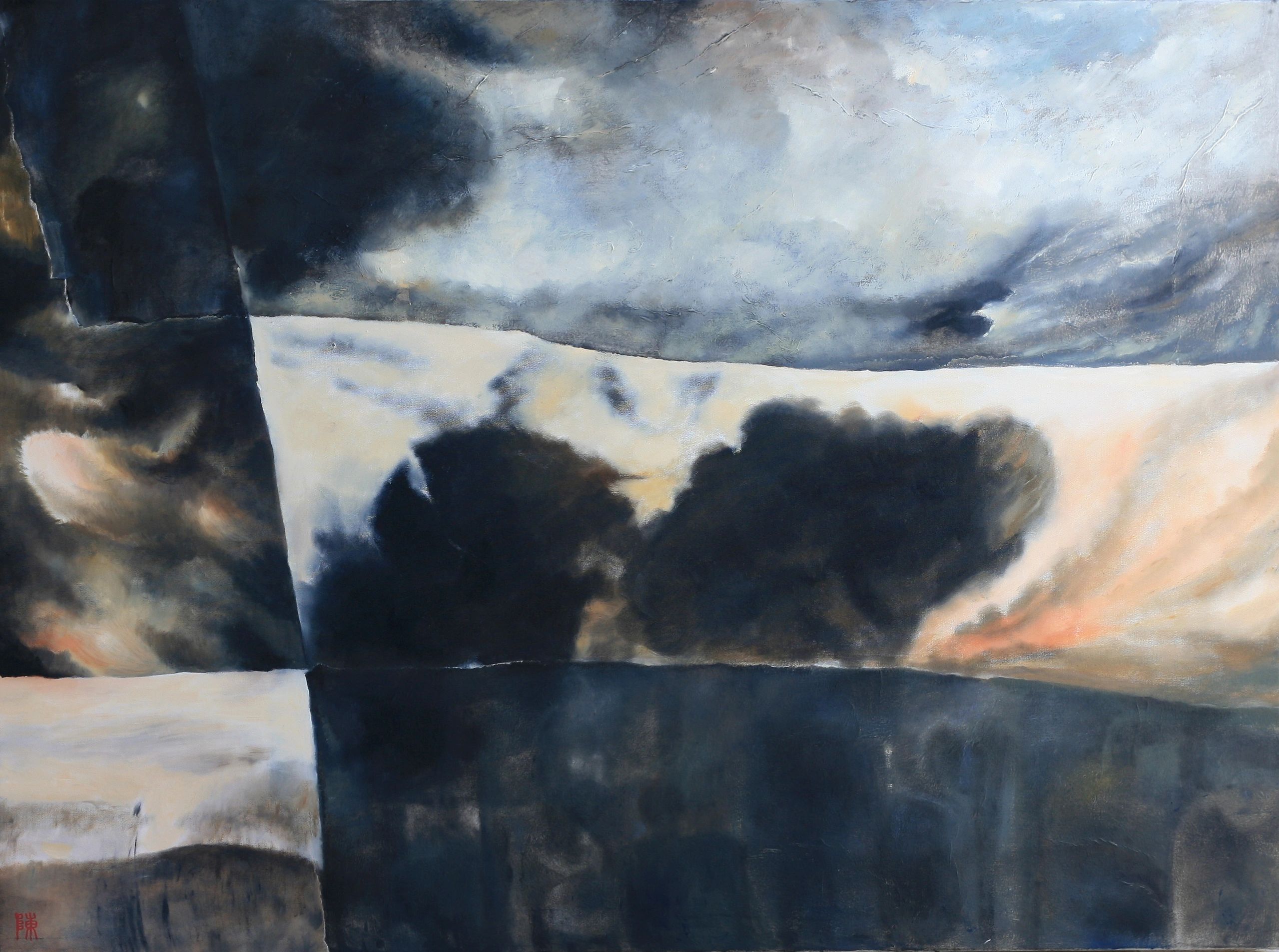 Abstract painting with dark and light contrasting shapes.