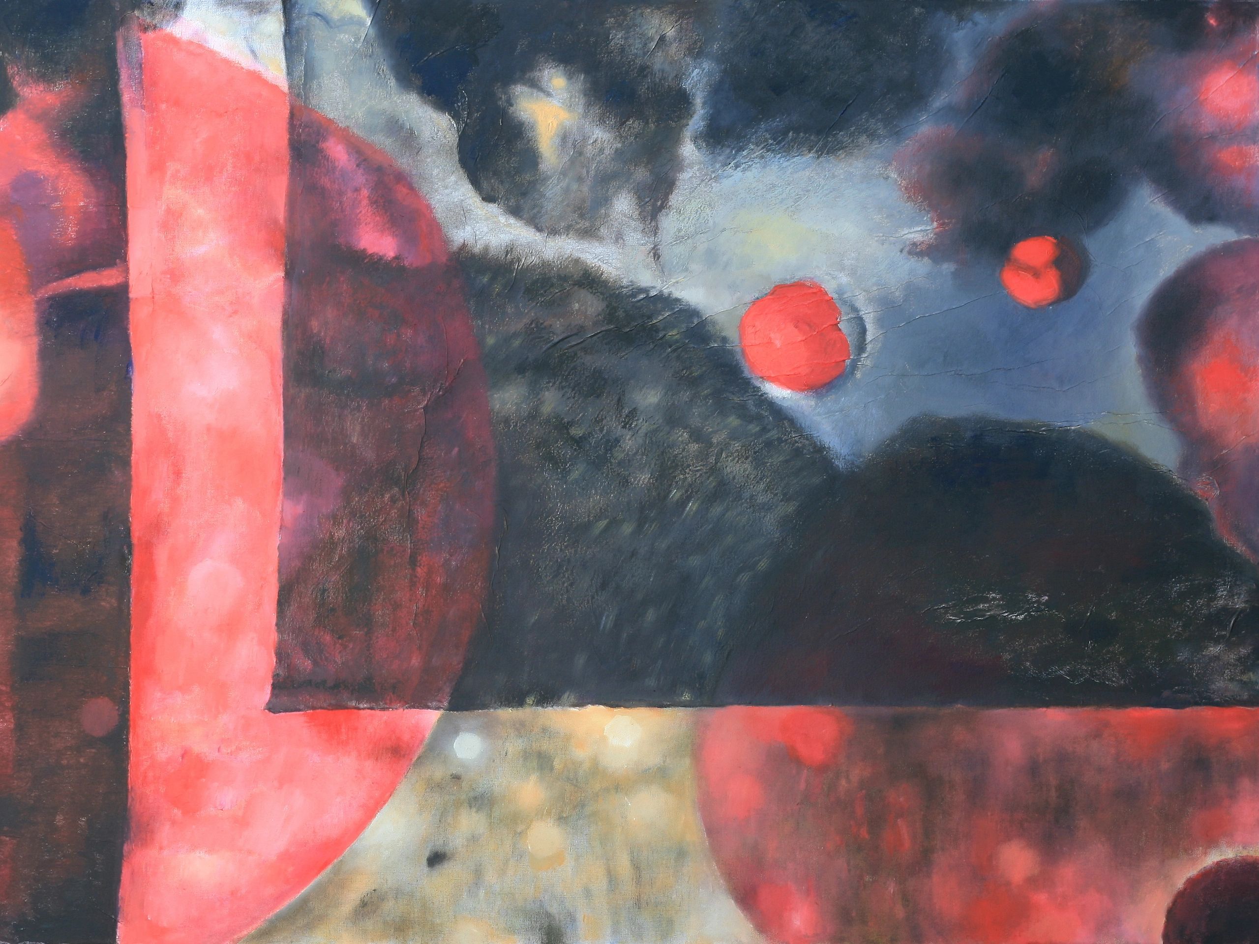 Abstract painting with dark and bright red hues.