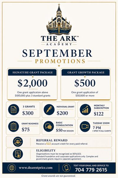 The Ark Academy September promotional grant packages and services.