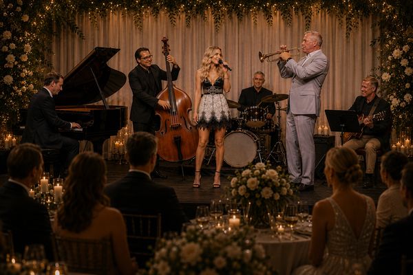 Jazz band performing at an elegant event with a female singer.