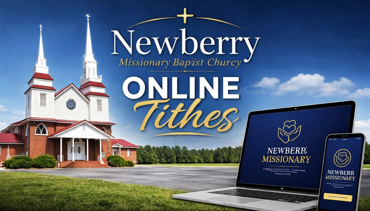 Newberry Missionary Baptist Church promotes online tithes with a church building and digital devices.
