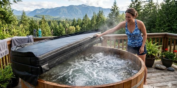 A woman lifts the cover of a steaming wooden hot tub on a deck with a mountain view.