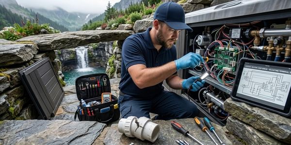 Technician repairing an electronic control panel in a scenic outdoor setting.