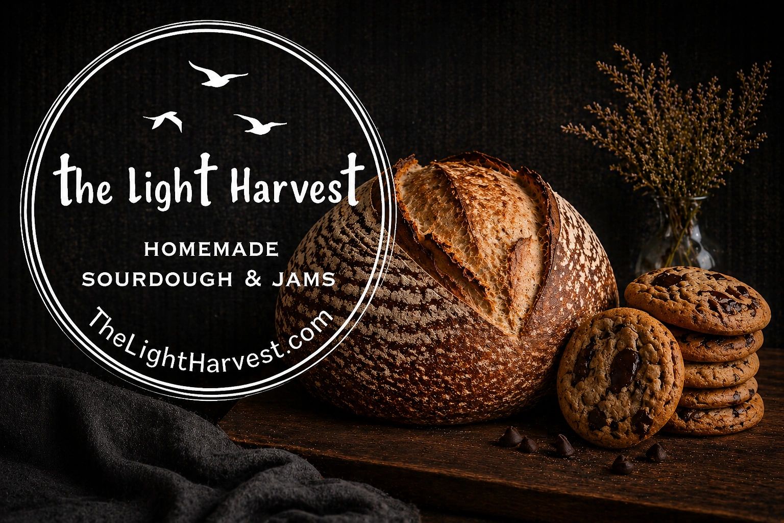 The Light Harvest Logo with sourdough bread and cookies.