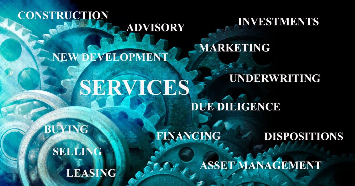 Gears pictured in the background. Words displayed that are related to doing real estate business.