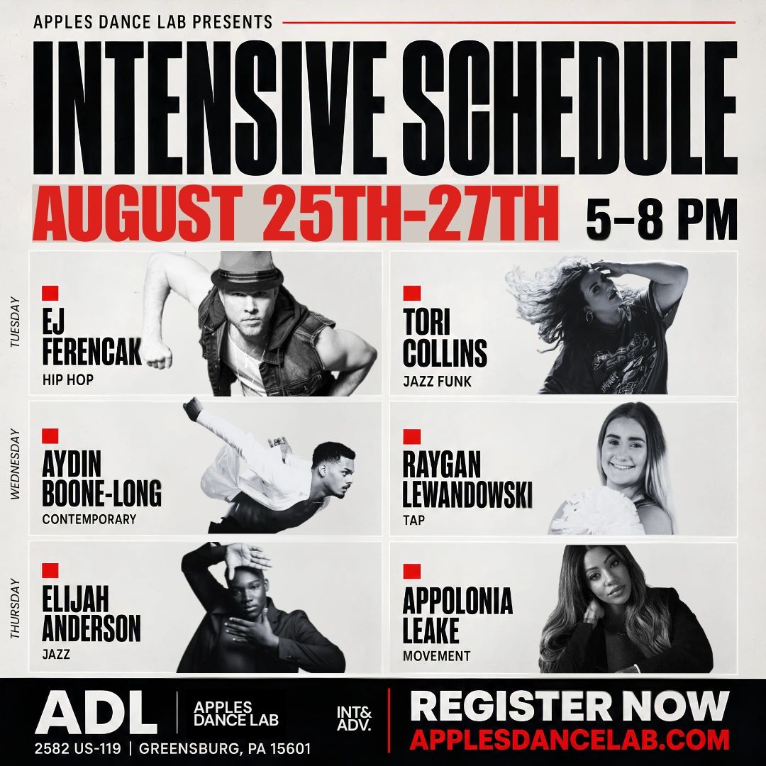 Dance intensive schedule from August 25-27, 5-8 PM at Apples Dance Lab.