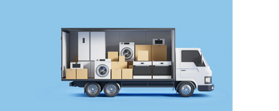 A moving truck loaded with household appliances and boxes.