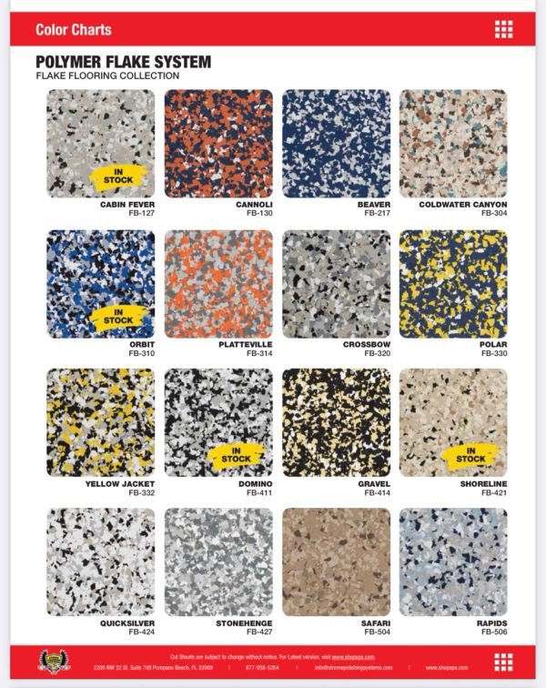 Color chart of polymer flake flooring with various patterns and stock availability.