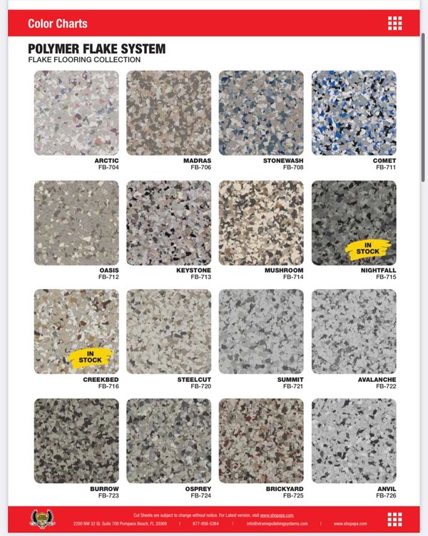 Polymer flake system color chart for flake flooring collection.