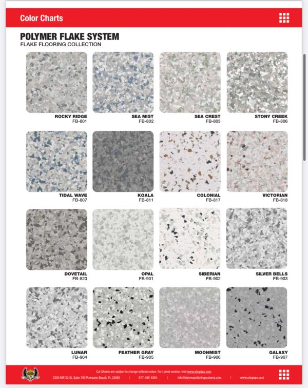 Polymer flake flooring color chart with 16 color options.