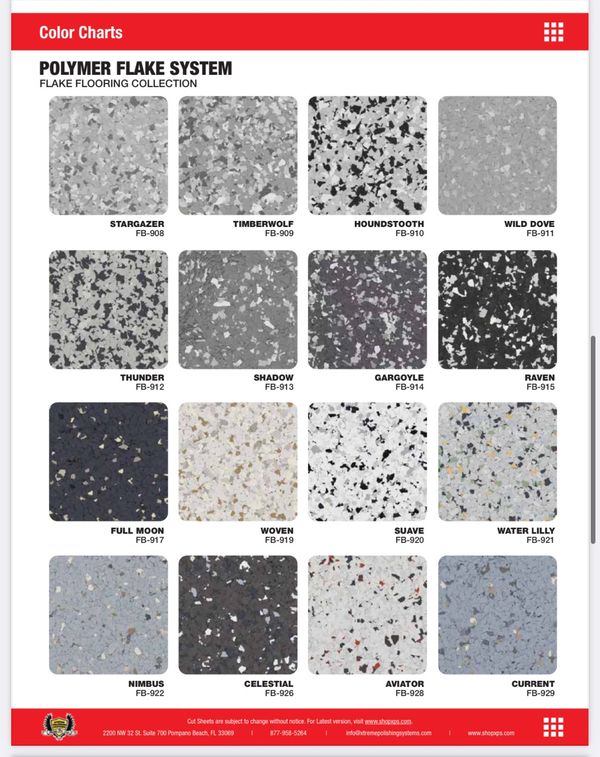 Polymer flake flooring color chart with 16 textured patterns named and coded.