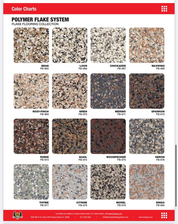 Polymer flake flooring color chart with 16 unique patterns and names.