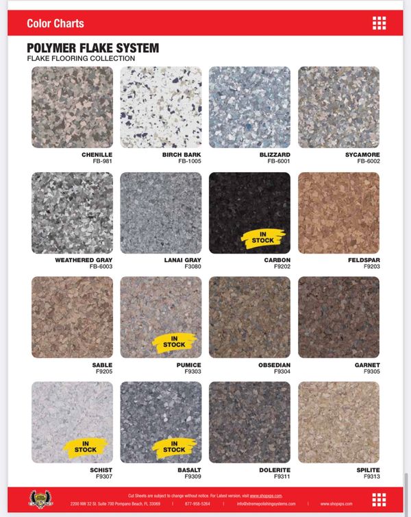 Color chart of polymer flake flooring with various shades and textures.