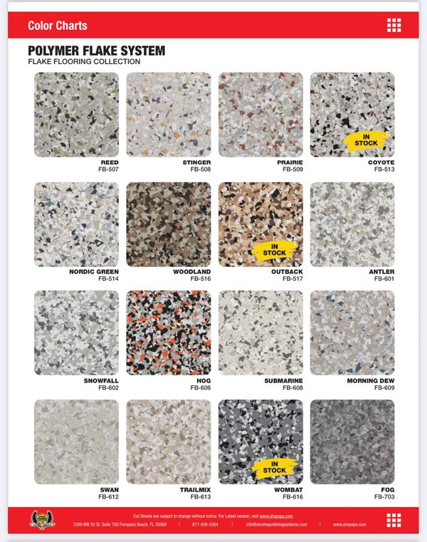 Polymer flake flooring color chart with various textured samples and availability.