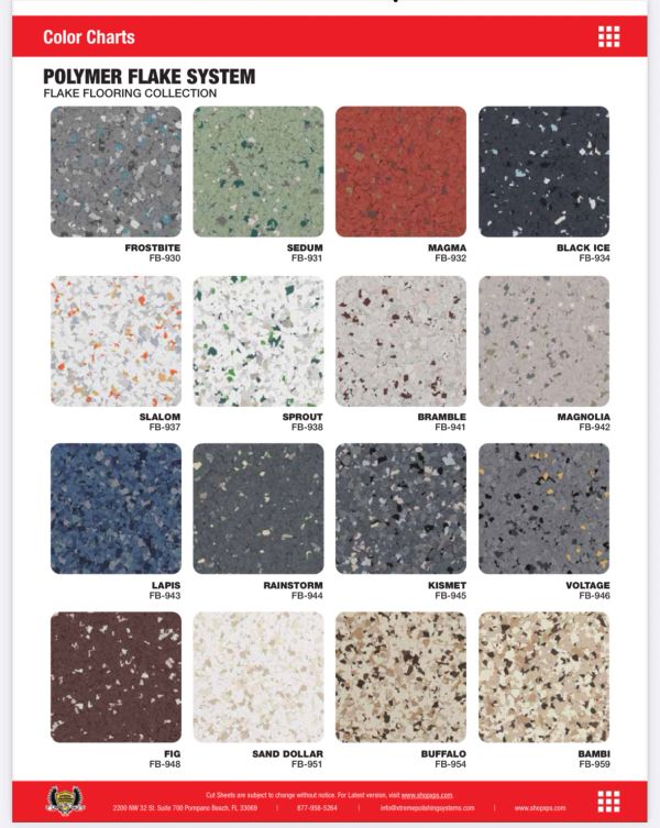 Color chart showcasing polymer flake flooring options in various shades and patterns.