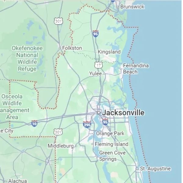 Map highlighting Jacksonville and surrounding areas in northeast Florida.