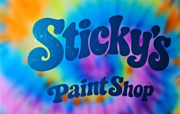 Tie-dye background with 'Sticky's Paint Shop' text.