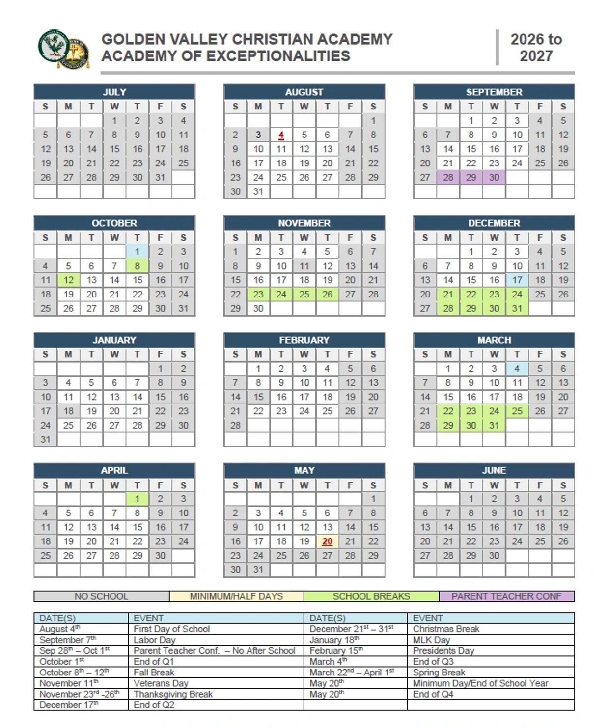 2026-2027 Golden Valley Christian Academy school calendar with key dates and breaks highlighted.