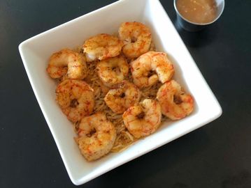 Shrimp and Rice Entree, shown w Mango fish sauce.  Grilled Wild Shrimp -  Rice; white or seasoned.