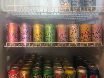 Selection of soda to choose from, and bottled waters.
