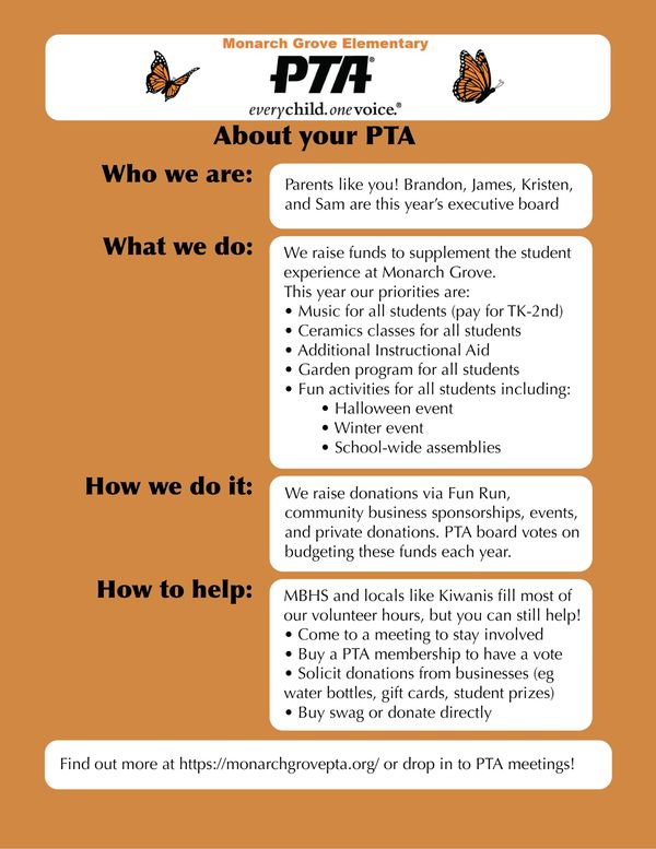 Monarch Grove Elementary PTA overview with roles, functions, and ways to help.
