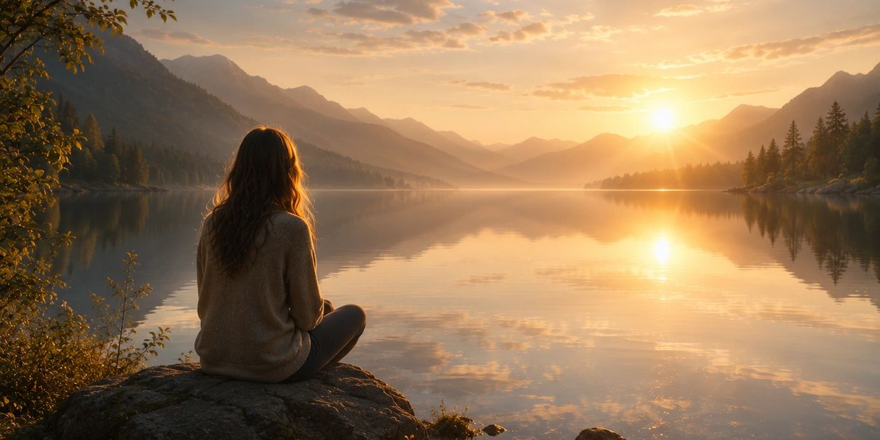 A woman sits on a rock, watching a serene sunset over a calm lake surrounded by mountains.