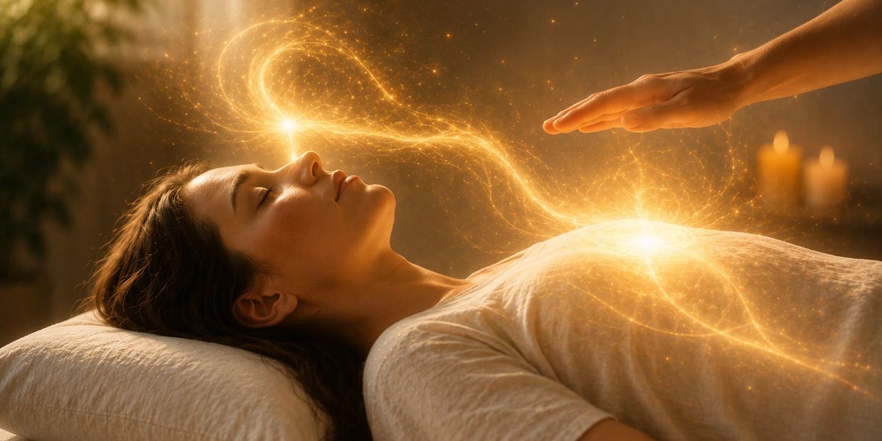 A woman receiving a glowing energy healing session.