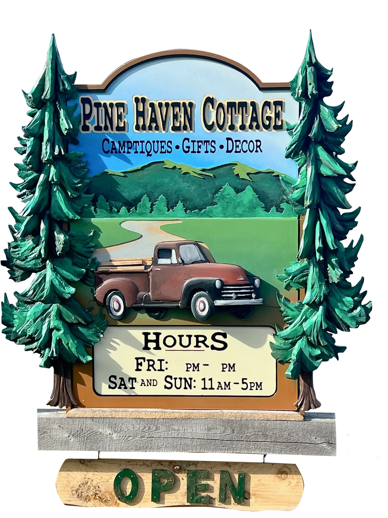 Pine Haven Cottage is OPEN when you see this sign and the large OPEN tent signs by the road... 28N. 