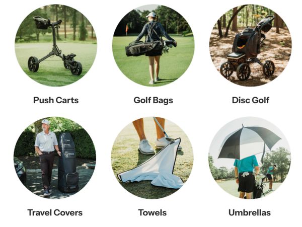 Various golf accessories including push carts, bags, towels, and umbrellas.