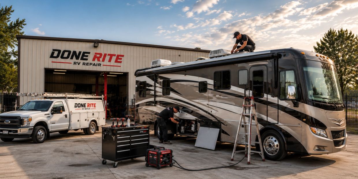 Technicians repairing an RV at Done Rite RV Repair shop.