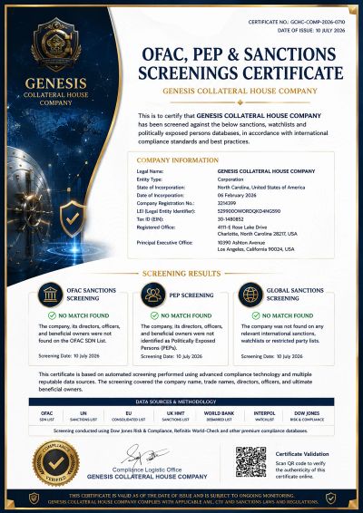Zertifikat für OFAC, PEP &amp; Sanktionen-Überprüfung von Genesis Collateral House.