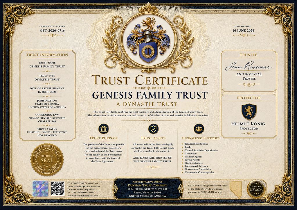 Elegantes Trust-Zertifikat für Genesis Family Trust mit goldenen Verzierungen.