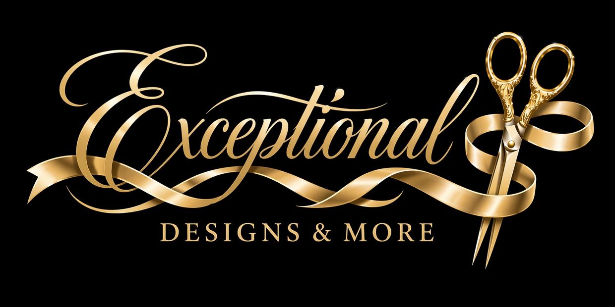 Elegant gold logo with scissors and ribbon for Exceptional Designs &amp; More.