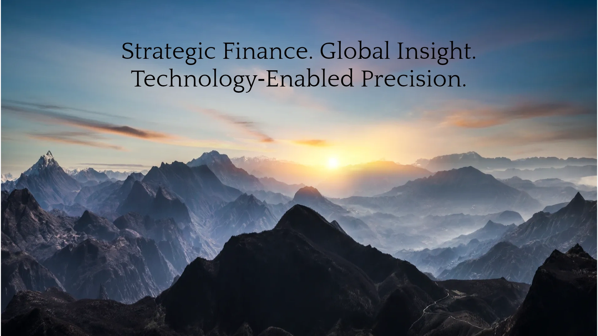 Sunrise over misty mountains with strategic finance text overlay.