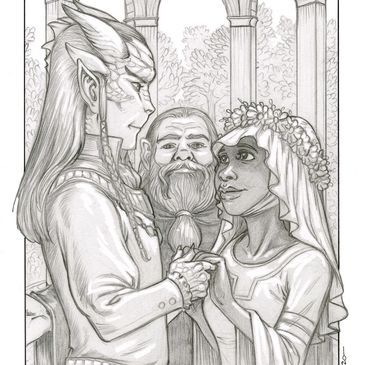 Drawing of a Dragonborn elf marrying a gnome human, while a dwarf officiates