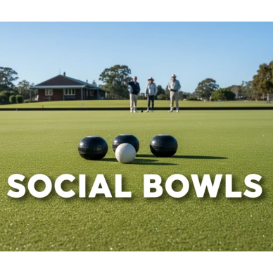 Three people playing social bowls on a green lawn.