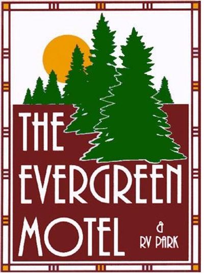 Logo of The Evergreen Motel &amp; RV Park with pine trees and sun.