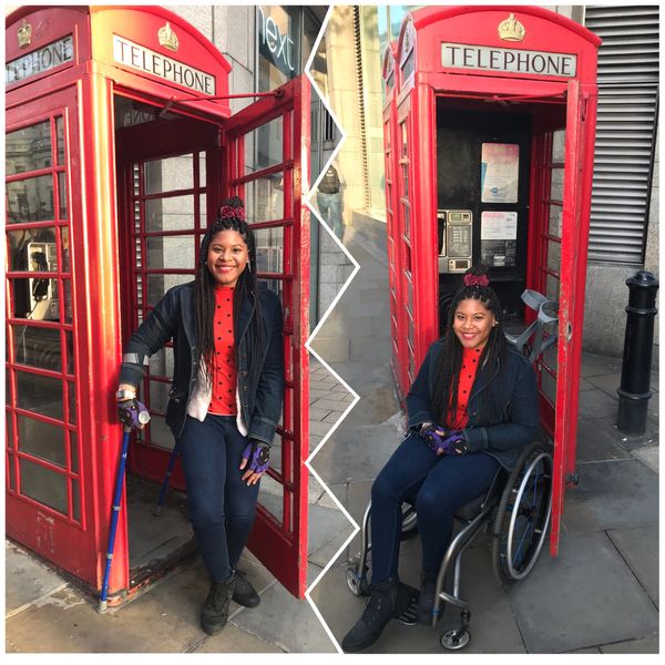 Side by side photos of Johileny of in the door way of a red phone booth in London. 