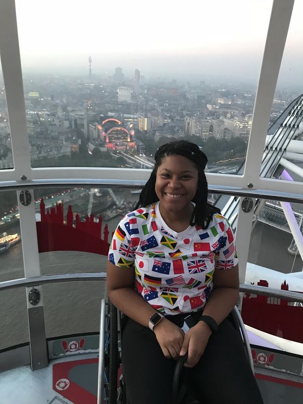 Johileny in Wheelchair picture in the London Eye viewing pod. 